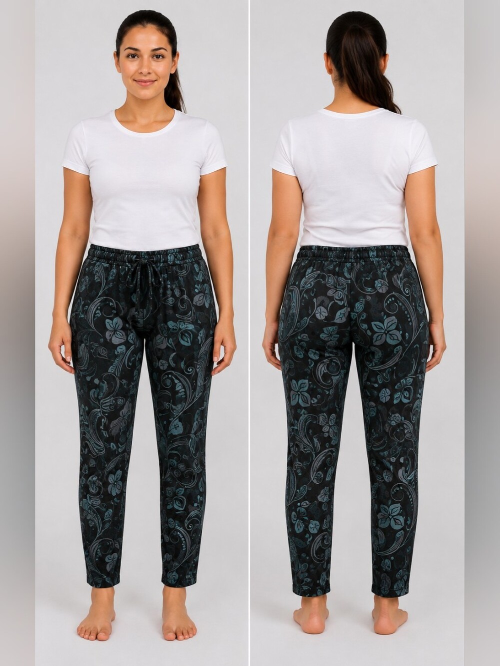 Lily by Firmiana Black & Teal Floral Swirl Pull On Pants Size S/M